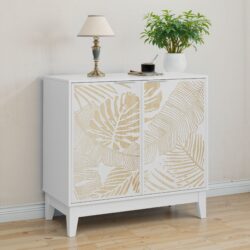 Vintage Carved Buffet Cabinet With Adjustable Shelves, Wooden Decorative Sideboard - White