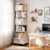 6 Tier Rotating Bookshelf With Wheels And Drawer, 360° Spinning Design, Space Saving Storage, For Home And Office - White - Image 2