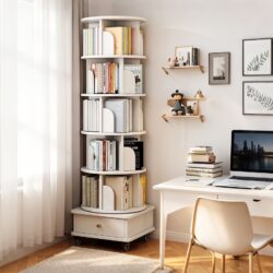 6 Tier Rotating Bookshelf With Wheels And Drawer, 360° Spinning Design, Space Saving Storage, For Home And Office - White