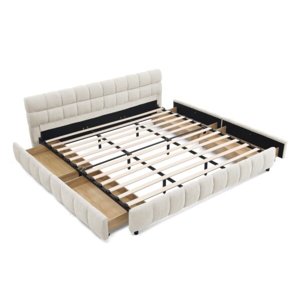 Modern King Size Upholstered Bed With Storage Drawer Solid Frame - Beige