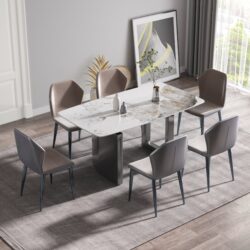 63" Modern Artificial Stone Pandora White Curved Metal Leg Dining Table, 6 People - Antique White / Black
