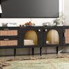 Rattan TV Stand With 3 Cabinets & 2 Drawers, Rattan-Inspired Media Console Table For Tvs Up To 80'', LED Light Entertainment Center, TV Cabinet For Living Room - Black - Image 34