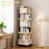 6 Tier Rotating Bookshelf With Wheels And Drawer, 360° Spinning Design, Space Saving Storage, For Home And Office - White - Image 8