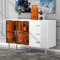 Modern Sideboard Buffet Cabinet Marble Sticker Tabletop And Amber-Yellow Tempered Glass Doors With Gold Metal Legs & Handles - White