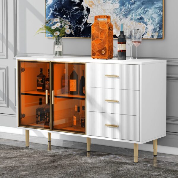 Modern Sideboard Buffet Cabinet Marble Sticker Tabletop And Amber-Yellow Tempered Glass Doors With Gold Metal Legs & Handles - White