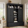 Hall Tree With Bench And 5 Storage Cubbies, Modern Entryway Storage Organizer Cabinet With 4 Doors, 5 Drawers And Adjustable Shelves For Hallway, Entryway, Living Room - Black - Image 3