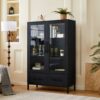 Modern Style Tall Display Cabinet With LED Lighting, Tempered Glass Door, 2 Drawers - Black - Image 5