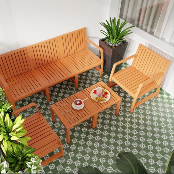 5 Piece Indoor / Outdoor Furniture Set 3 Seater Sofa, 2 Chairs And 2 Coffee Tables, Waterproof And Durable - Apricot Brown, Pp