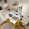 Modern Makeup Vanity Table With LED Lights, Power Outlet, And Metal Chair - White - Image 8