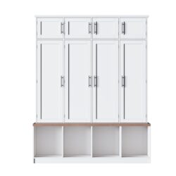 Farmhouse Hall Tree With 4 Hidden Hanging Hooks, Versatile Seating Bench With 8 Doors, Entryway Shoe Cabinet With Open Compartments For Living Room - White