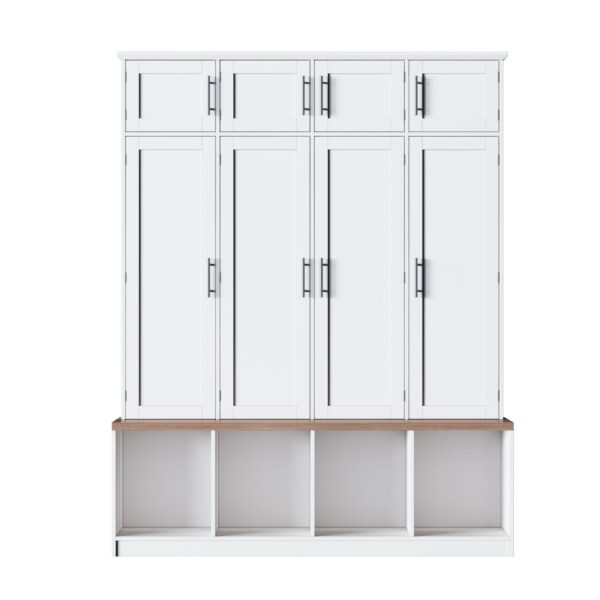 Farmhouse Hall Tree With 4 Hidden Hanging Hooks, Versatile Seating Bench With 8 Doors, Entryway Shoe Cabinet With Open Compartments For Living Room - White