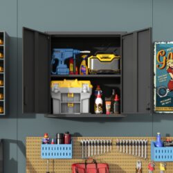 Metal Wall Mounted Tool Storage Cabinet With 2 Locking Doors, Adjustable Shelf, And Drawer - Black