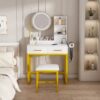 Modern Makeup Vanity Table With LED Lights, Power Outlet, And Metal Chair - White - Image 2