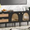 Rattan TV Stand With 3 Cabinets & 2 Drawers, Rattan-Inspired Media Console Table For Tvs Up To 80'', LED Light Entertainment Center, TV Cabinet For Living Room - Black - Image 36
