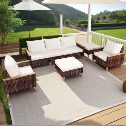 High Footed Rattan Terrace Furniture Set With Cushions, 5 Pieces, 7 Seats, Cotton And Rattan - White