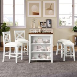5 Pieces Counter Height Rustic Farmhouse Dining Room Wooden Bar Table Set With 2 Stools And 2 Chairs - White