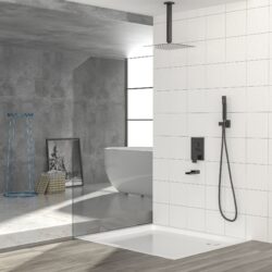 16" Ceiling Mount Square Shower System With Waterfall Tub Spout And Rough In Valve - Matte Black