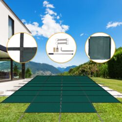 Green Mesh Pool Safety Cover For 20 X 40Ft Rectangular Inground Winter Swimming Pools With 4 X 8Ft Center End Step, Triple Stitched High Strength Mesh - Green