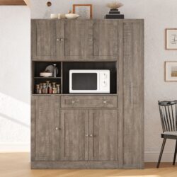 Freestanding Buffet With Hutch, Large Kitchen Pantry Storage Cabinet Cupboard With Pull Out Side Cabinet, Door Shelves And Drawer - Brown