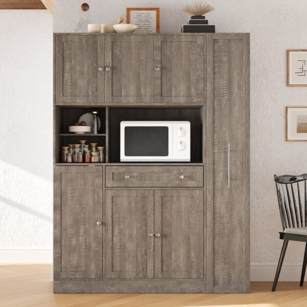 Freestanding Buffet With Hutch, Large Kitchen Pantry Storage Cabinet Cupboard With Pull Out Side Cabinet, Door Shelves And Drawer - Brown