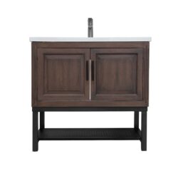 Modern Freestanding 36" Bathroom Vanity With Ceramic Sink, Hot And Cold Faucet, 2 Door Cabinet & Open Iron Shelf - Walnut