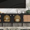 Rattan TV Stand With 3 Cabinets & 2 Drawers, Rattan-Inspired Media Console Table For Tvs Up To 80'', LED Light Entertainment Center, TV Cabinet For Living Room - Black - Image 35