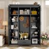 Hall Tree With Bench And 3 Hooks, Modern Entryway Storage Organizer Cabinet With 4 Doors, 1 Drawer And Adjustable Shelves For Hallway, Entryway, Living Room - Black - Image 2
