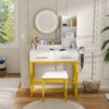 Modern Makeup Vanity Table With LED Lights, Power Outlet, And Metal Chair - White - Image 6