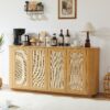 Contemporary Wave Shaped 64" TV Stand With Rattan Doors Wood - Natural - Image 2