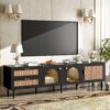 Rattan TV Stand With 3 Cabinets & 2 Drawers, Rattan-Inspired Media Console Table For Tvs Up To 80'', LED Light Entertainment Center, TV Cabinet For Living Room - Black - Image 28