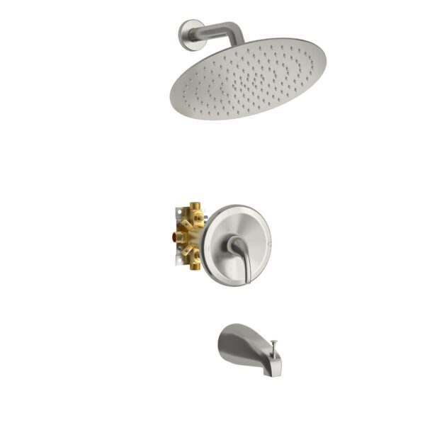 10" Round Rain Shower Head System With Waterfall Tub Spout, Wall Mounted, Stainless Steel - Brushed Nickel