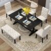Farmhouse 6 Piece Dining Table Set With Rectangular Wood Table, 4 Upholstered Chairs, Bench - Espresso - Image 8