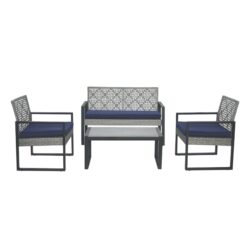 4 Piece Patio Furniture Set With Gray Acacia Wood Table Top - White