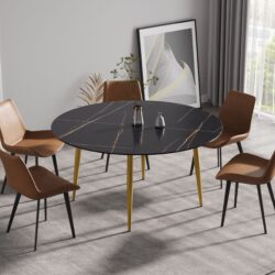 Modern Man-Made Stone Round Metal Dining Table, Position For 6 People - Gold / Black