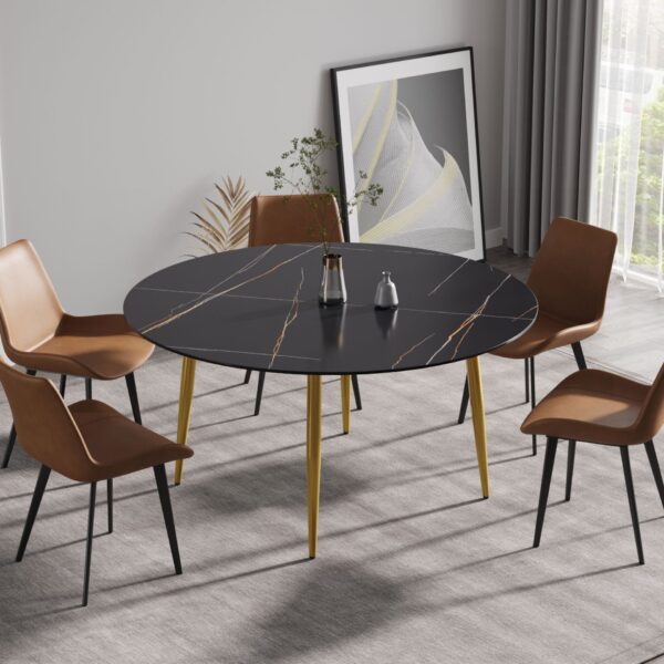 Modern Man-Made Stone Round Metal Dining Table, Position For 6 People - Gold / Black