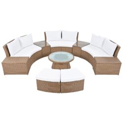 10 Piece Outdoor Sectional Half Round Patio Rattan Sofa Set, Wicker Conversation Furniture Set For Free Combination - White