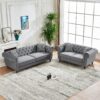 Chesterfield Velvet Upholstery Fabric Sofa With Roll Armrest & Nailhead, 3 And 2 Seater - Gray - Image 6