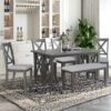 6 Piece Family Dining Room Set Solid Wood Space Saving Foldable Table And 4 Chairs With Bench - Gray - Image 3
