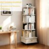 5 Tier Rotating Bookshelf With Wheels And Drawer, 360° Spinning Design, Space Saving Storage, For Home And Office - White - Image 10