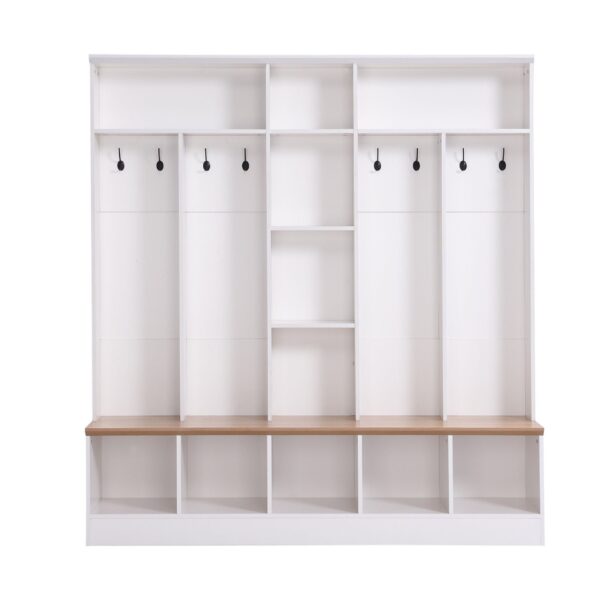 Wide Design Hall Tree With Storage Bench, Minimalist Shoe Cabinet With Cube Storage & Shelves, Multifunctional Coat Rack With 8 Hooks For Entryways, Mudroom - White