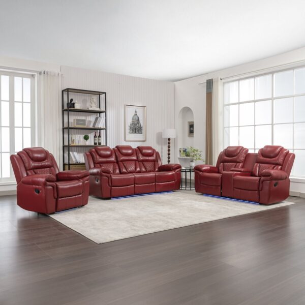 3 Pieces Recliner Sofa Sets Home Theater Seating Manual Recliner Chair With Center Console And Led Light Strip For Living Room - Wind Red