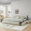 Modern King Size Upholstered Bed With Storage Drawer Solid Frame - Beige - Image 5