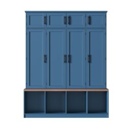 Farmhouse Hall Tree With 4 Hidden Hanging Hooks, Versatile Seating Bench With 8 Doors, Entryway Shoe Cabinet With Open Compartments For Living Room - Blue