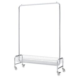 Heavy Duty Iron Garment Rack With Basket On Wheels - Silver