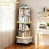 5 Tier Rotating Bookshelf With Wheels And Drawer, 360° Spinning Design, Space Saving Storage, For Home And Office - White - Image 5