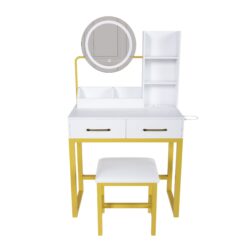 Modern Makeup Vanity Table With LED Lights, Power Outlet, And Metal Chair - White