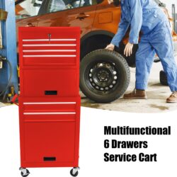 6 Drawer Lockable Tool Cabinet On Wheels Steel Rolling Tool Chest With Detachable Toolbox, 2 In 1 Garage Workshop Storage Organizer With 4 Universal Casters - Red