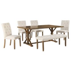 Farmhouse Dining Table Set 6 Piece Wood Rectangular Table With Upholstered Chairs And Bench - Walnut