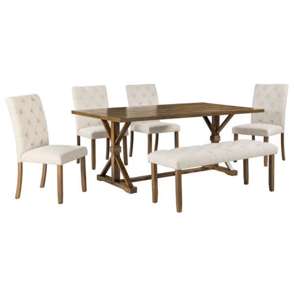Farmhouse Dining Table Set 6 Piece Wood Rectangular Table With Upholstered Chairs And Bench - Walnut