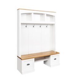 Farmhouse 4 In 1 Hall Tree With Wood Grain Bench And Top, Multifunctional Coat Rack With Hooks And Shell Handles, Mudroom Bench With Adjustable Shelves For Hallway, Living Room - White